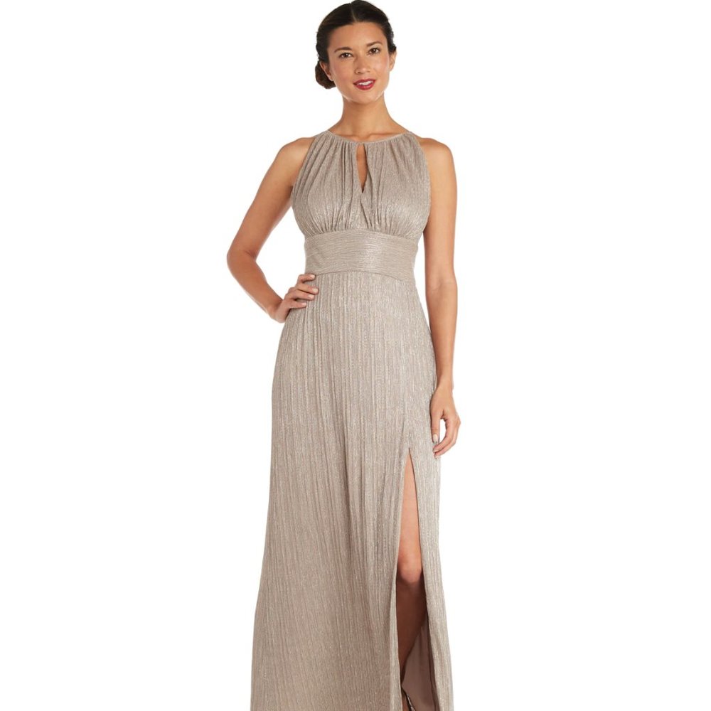 Metallic Halterneck Gown with Thigh Split